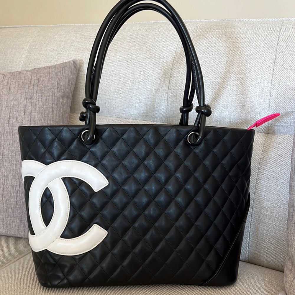 CHANEL black quilted, lambskin, leather large combo in tote(authentic pre-owned)